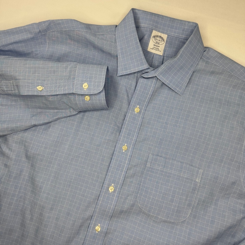 Brooks Brothers Dress Shirt Mens 17.5 6/7‎ Regent Blue Plaid Button Down Front